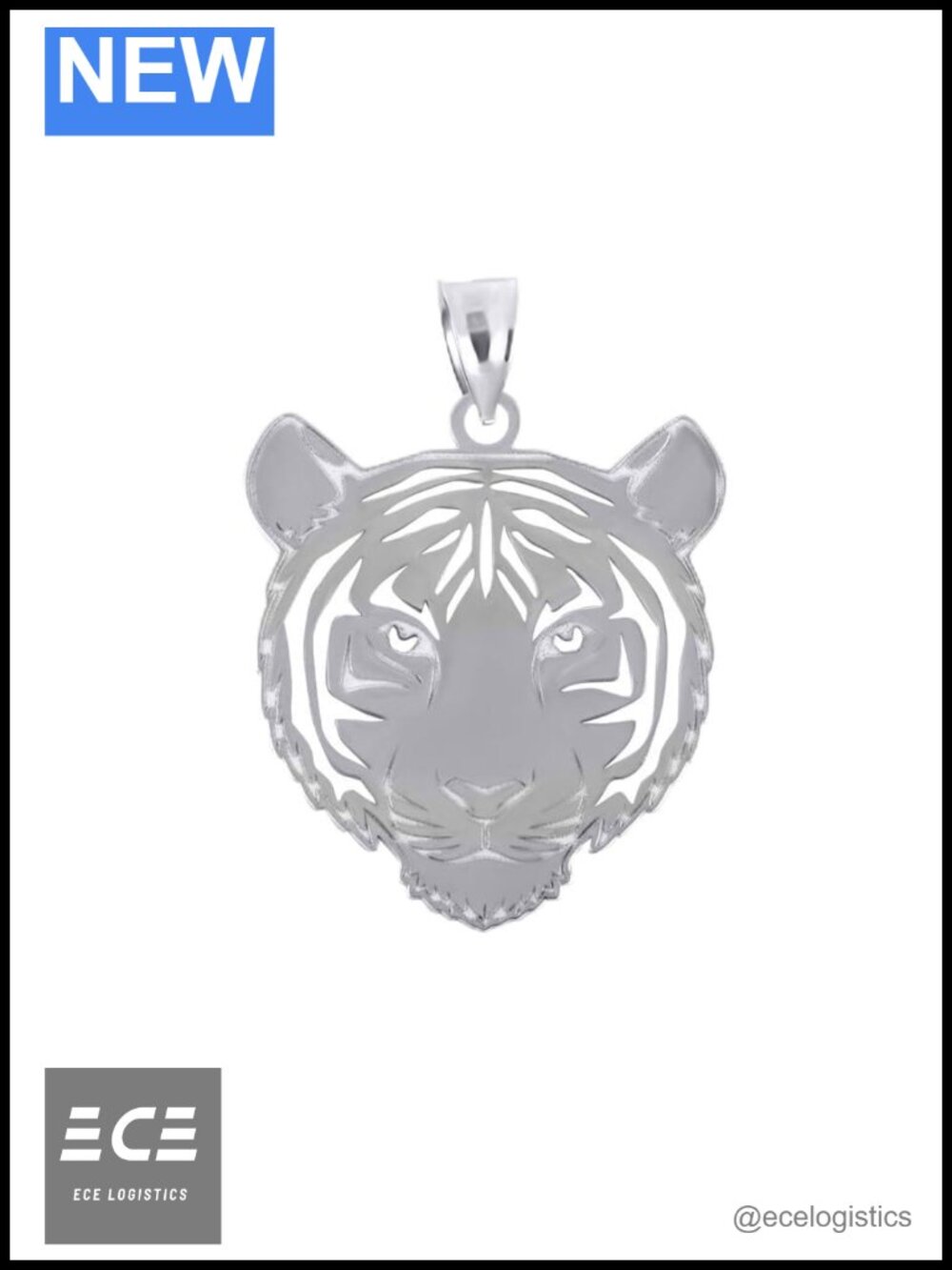 Sterling Silver Tiger Head Outline Pendant Necklace Rolo Chain